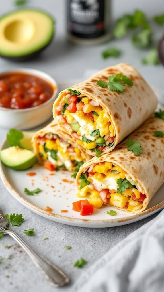 Three breakfast burritos filled with colorful vegetables and served on a plate with salsa and lime.