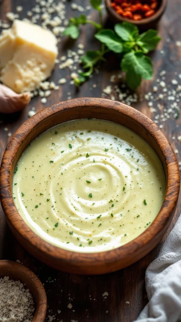 A bowl of creamy Caesar dressing with fresh herbs and ingredients surrounding it.