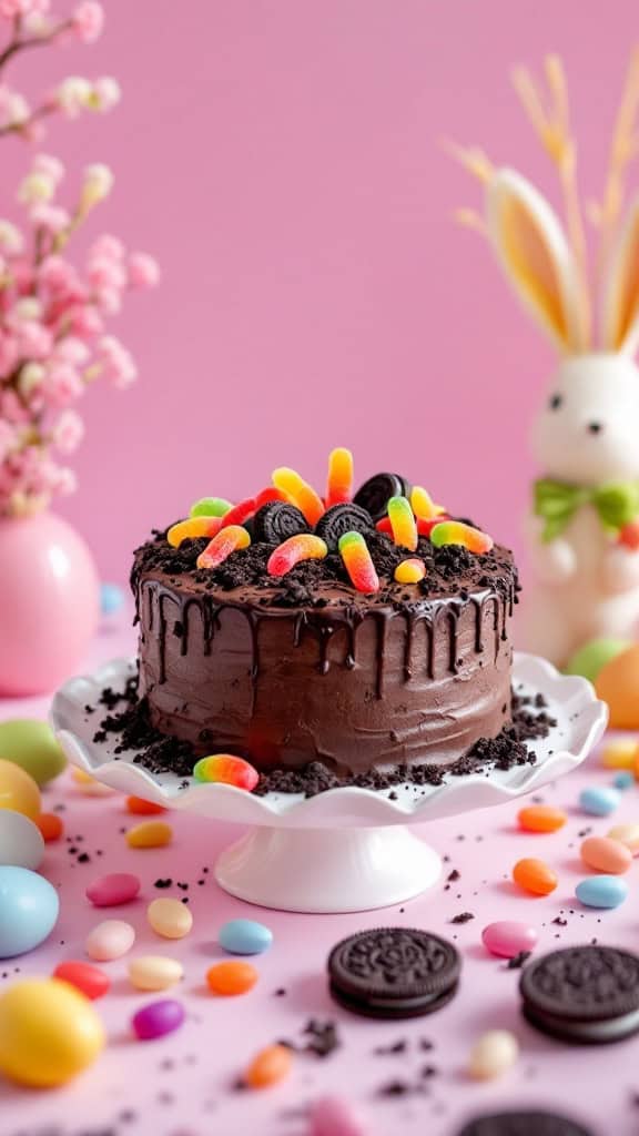 A chocolate dirt cake decorated with gummy worms and Oreo cookies, surrounded by colorful candy and a cute Easter bunny decoration.