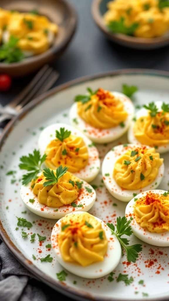 A plate of classic deviled eggs garnished with parsley and paprika.