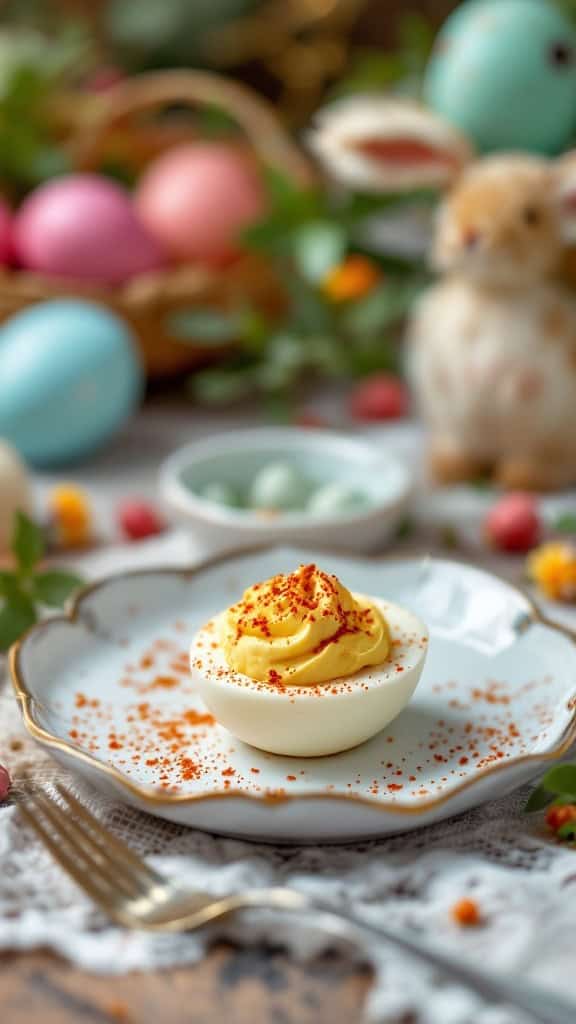 A classic deviled egg topped with paprika, surrounded by colorful Easter decorations.