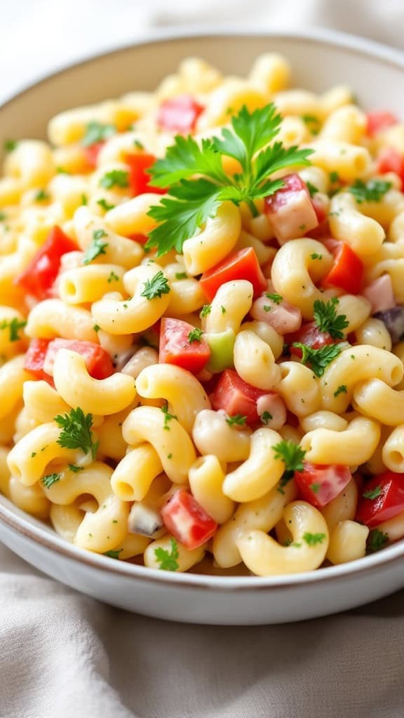 A bowl of classic macaroni salad with pasta, cherry tomatoes, and parsley.