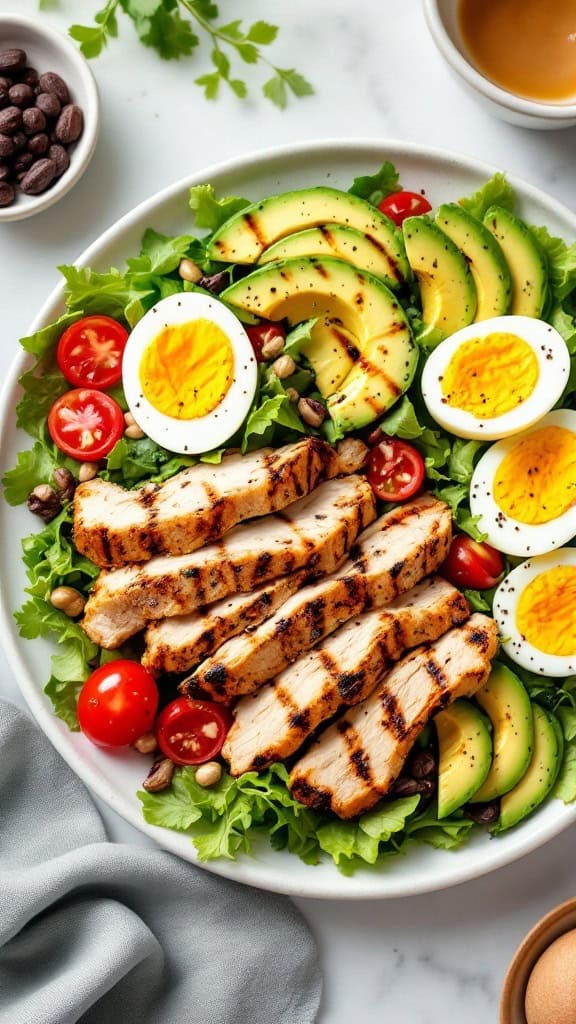 A colorful Cobb salad featuring grilled chicken, hard-boiled eggs, avocado, cherry tomatoes, and greens.