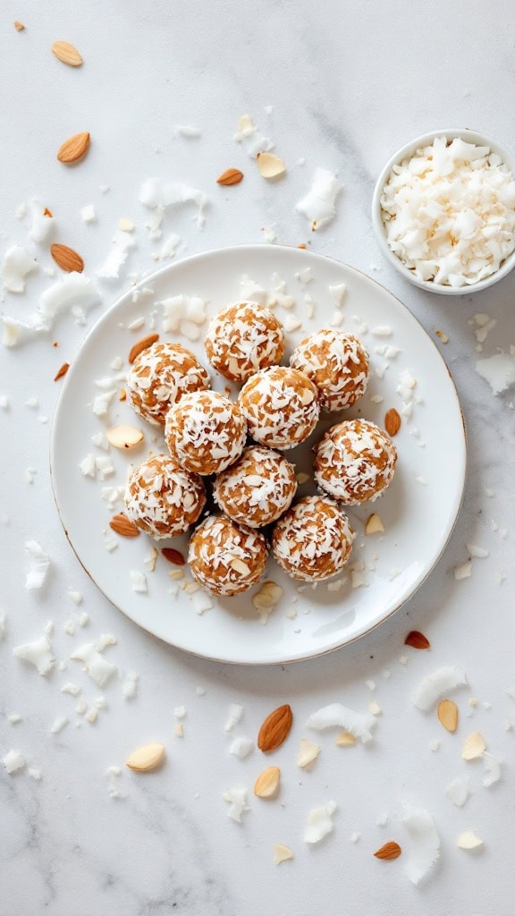 A plate of coconut and almond energy bites surrounded by shredded coconut and almond pieces.