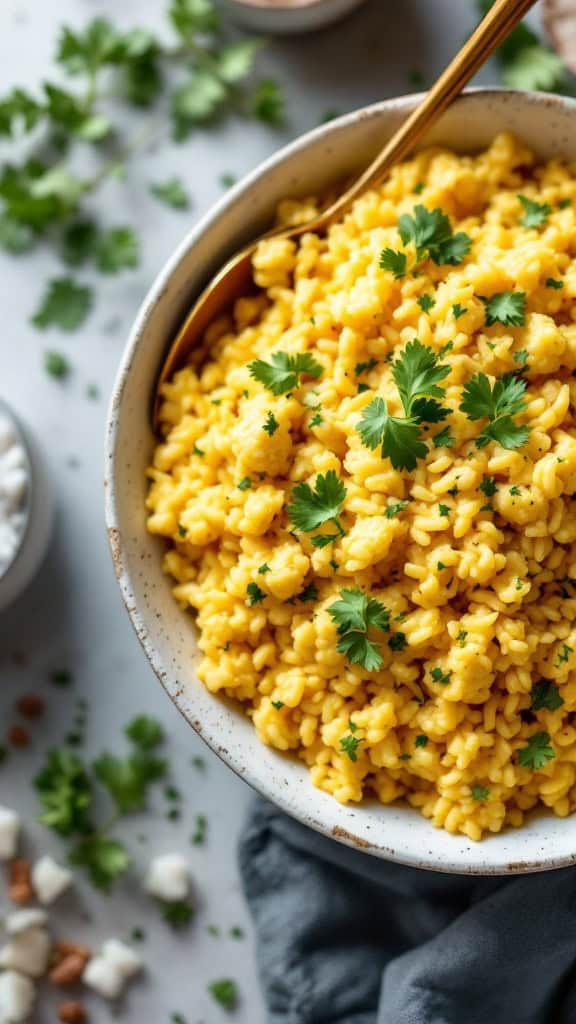 A bowl of coconut curry cauliflower rice garnished with fresh cilantro.
