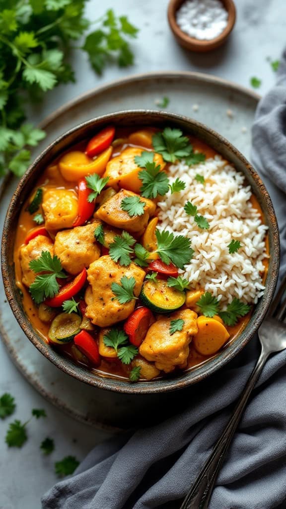 A bowl of coconut curry chicken with vegetables and rice, garnished with fresh cilantro.
