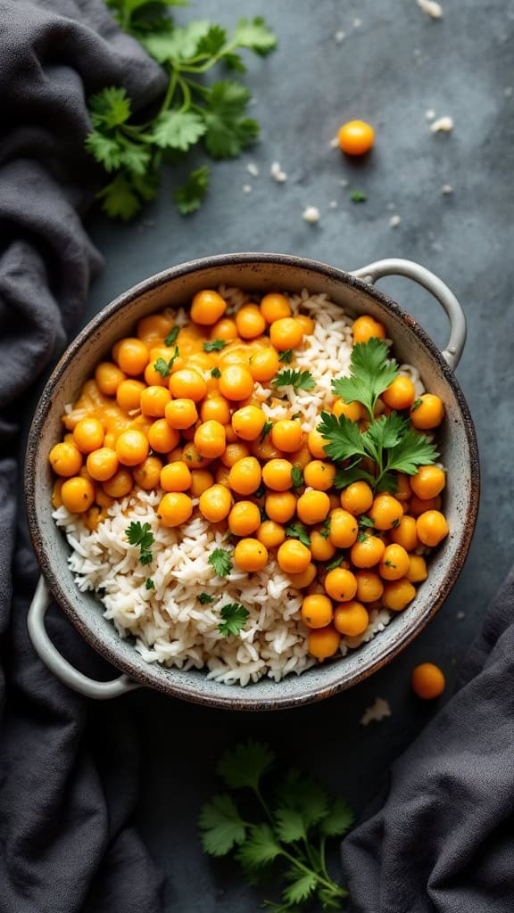 A bowl of coconut curry chickpeas served over rice, garnished with fresh cilantro.