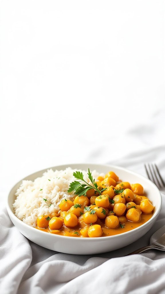 A bowl of coconut curry chickpeas served with rice, garnished with parsley.