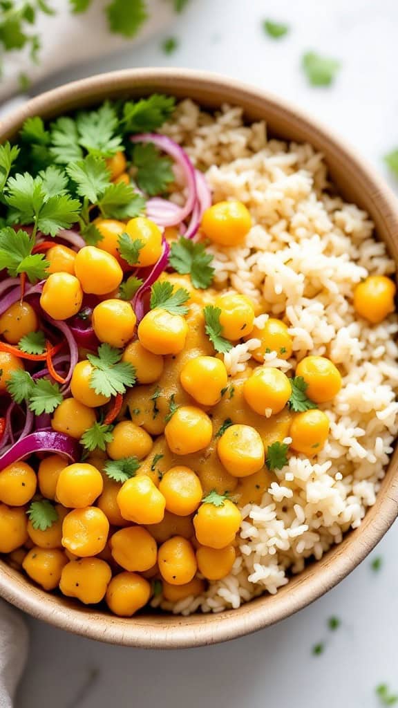 A bowl of coconut curry chickpeas served with rice and garnished with cilantro and red onions.
