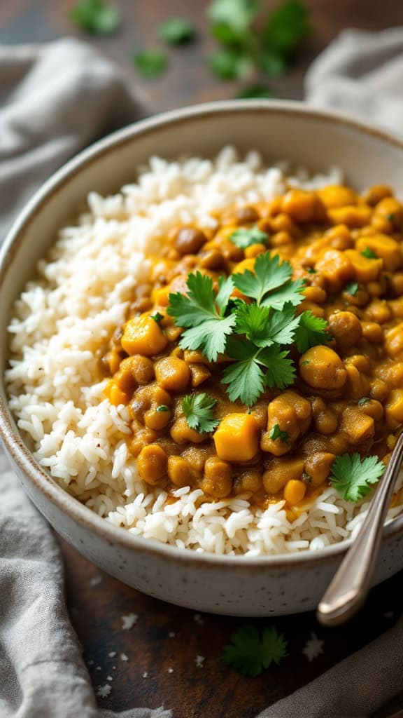 Bowl of coconut curry lentils served over white rice, garnished with fresh cilantro.
