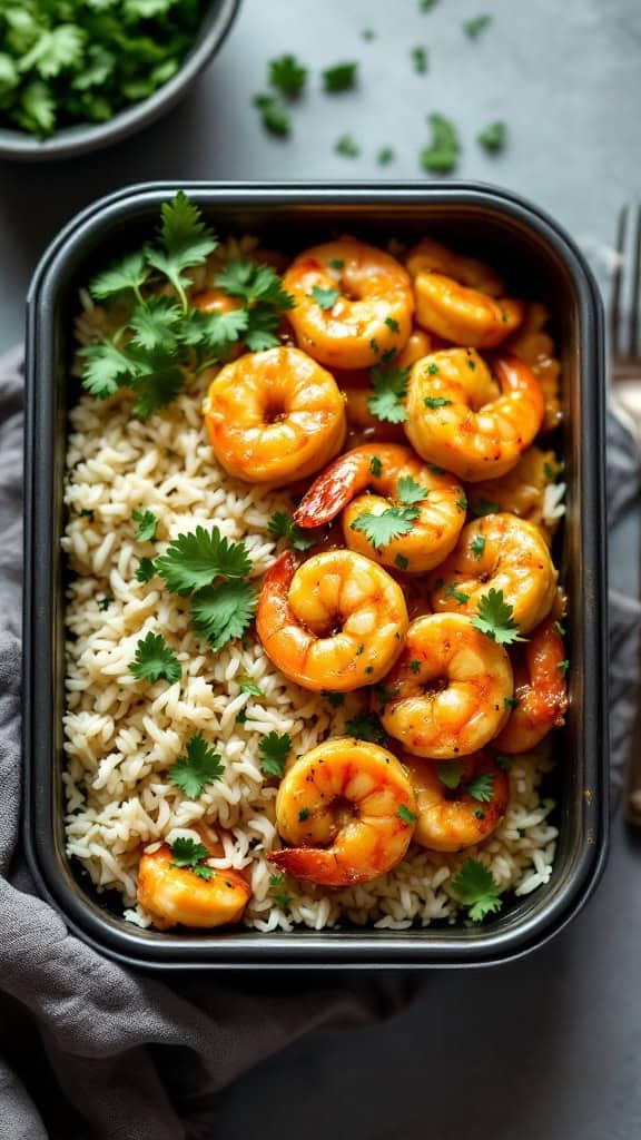A meal prep container with coconut curry shrimp served over rice and garnished with cilantro.