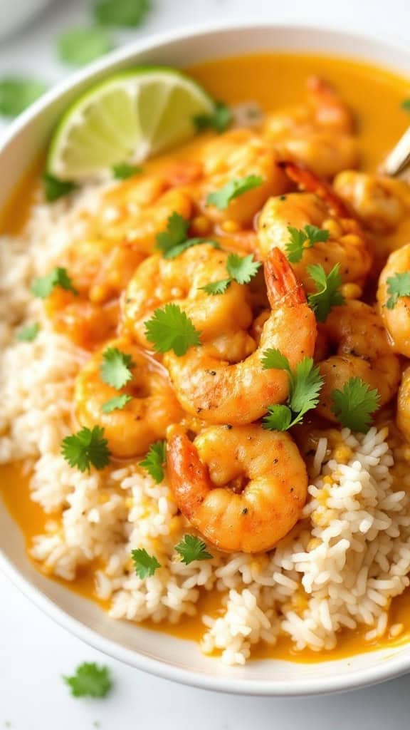 A bowl of coconut curry shrimp served over jasmine rice, garnished with cilantro.
