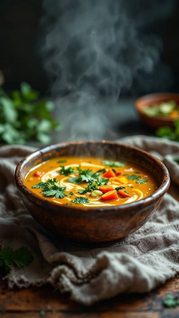 A bowl of steaming coconut curry vegetable soup topped with fresh herbs and diced vegetables.