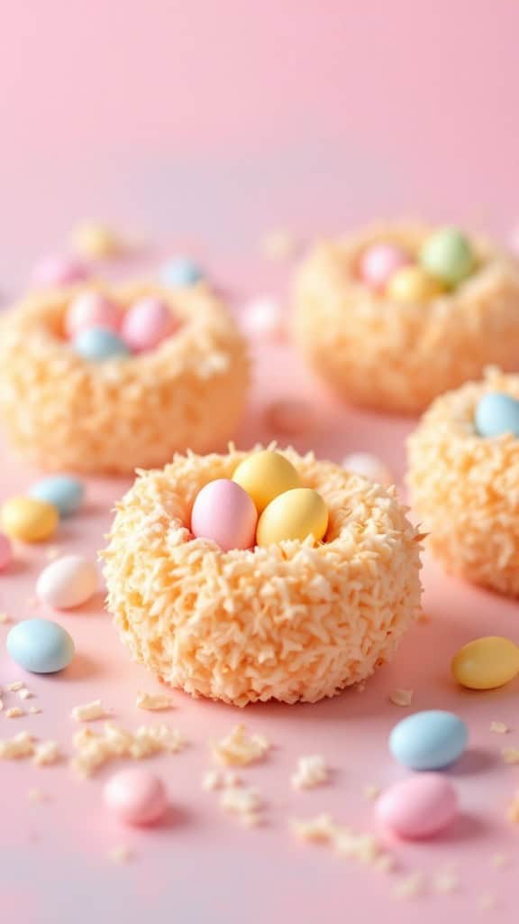Colorful coconut macaroon nests filled with candy eggs on a pink background.