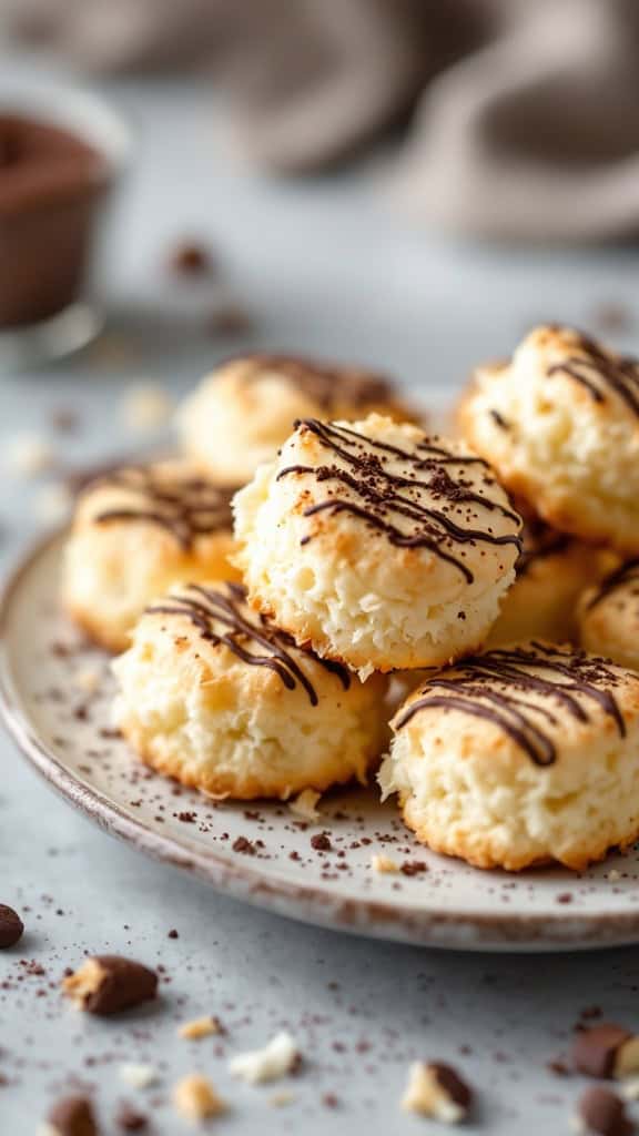 Plate of coconut macaroons drizzled with chocolate.