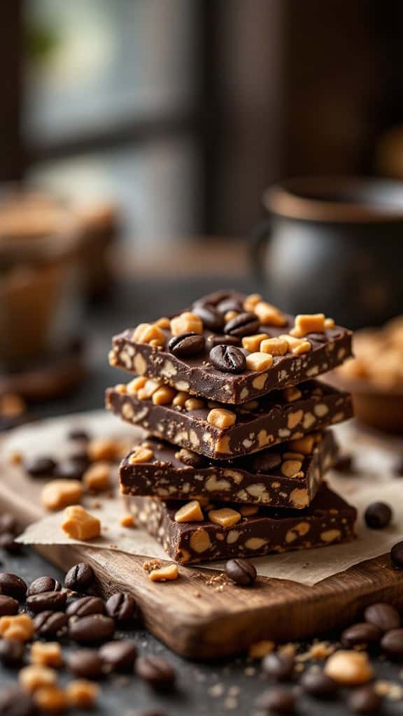 Delicious coffee toffee crunch bark stacked on a wooden board with coffee beans and toffee bits scattered around.