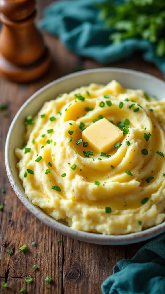 A bowl of creamy colcannon with a pat of butter and spring onions on top.