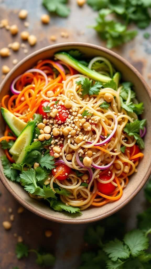 A bowl of cold noodle salad with peanut dressing, featuring colorful vegetables and garnished with peanuts and cilantro.