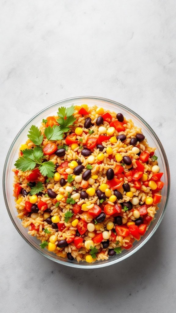 A bowl of colorful Mexican rice salad with black beans, corn, and chopped vegetables.