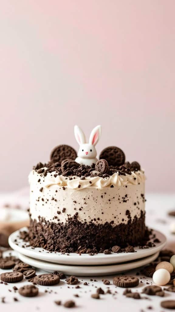 A beautifully decorated cookies and cream dirt cake with a bunny on top surrounded by crushed cookies.