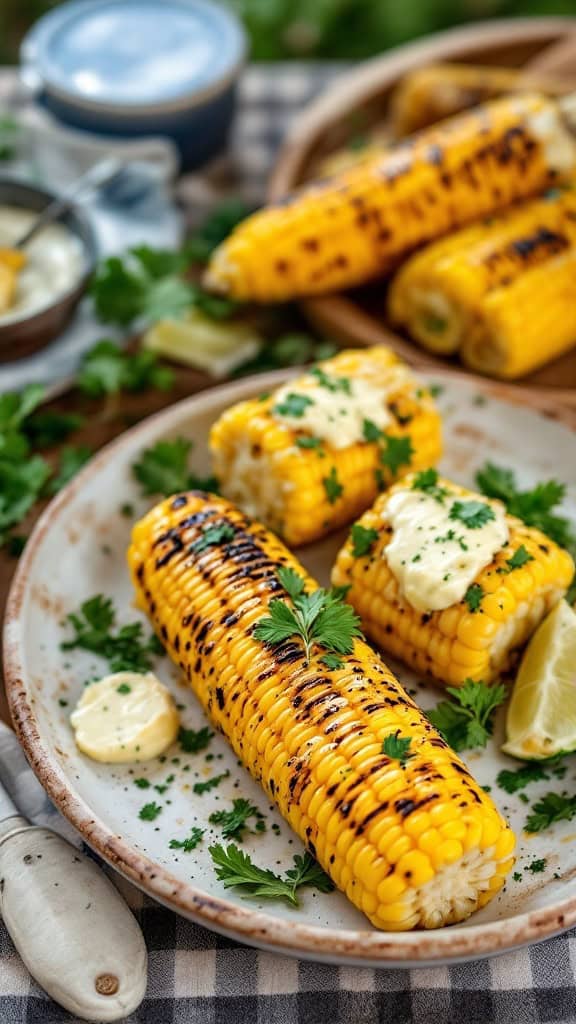 Grilled corn on the cob topped with herb butter and garnished with cilantro.