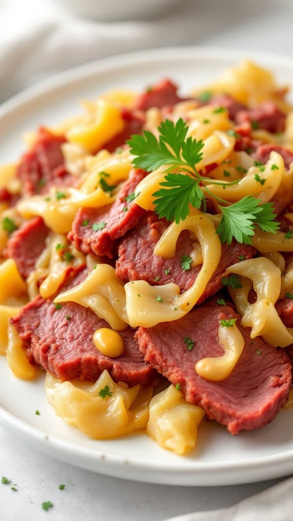 A plate of sliced corned beef served with cabbage and parsley.