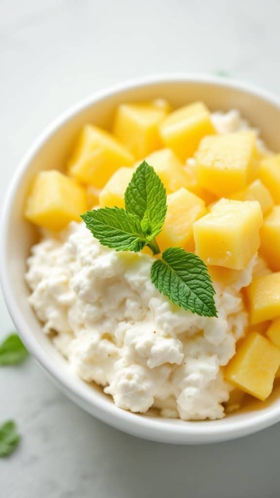 A bowl of cottage cheese topped with pineapple chunks and a mint leaf