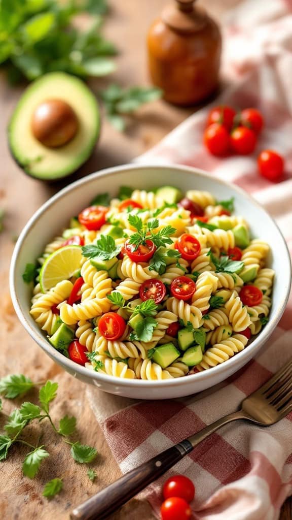 A bowl of creamy avocado and lime pasta salad with cherry tomatoes and cilantro.