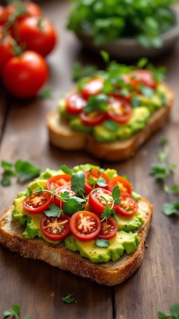 Two slices of avocado toast topped with cherry tomatoes and herbs on a wooden table.