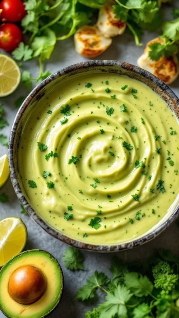 A bowl of creamy avocado dressing garnished with fresh herbs, surrounded by lime and ripe avocados.