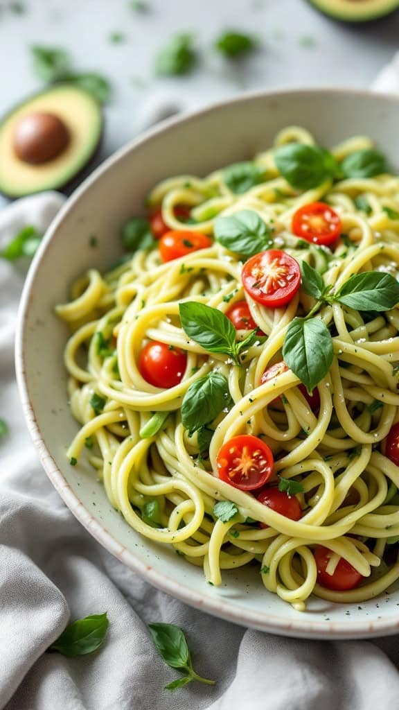 A bowl of creamy avocado pasta topped with cherry tomatoes and fresh basil.