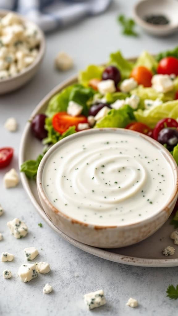 A bowl of creamy blue cheese dressing next to a fresh salad
