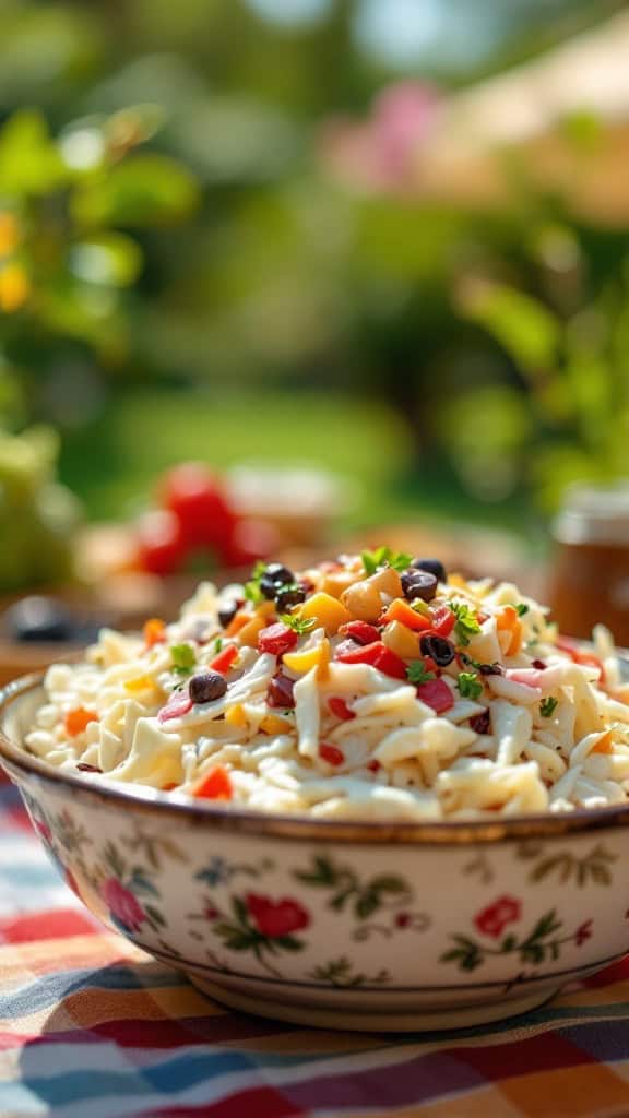A bowl of creamy coleslaw with colorful vegetables and herbs.