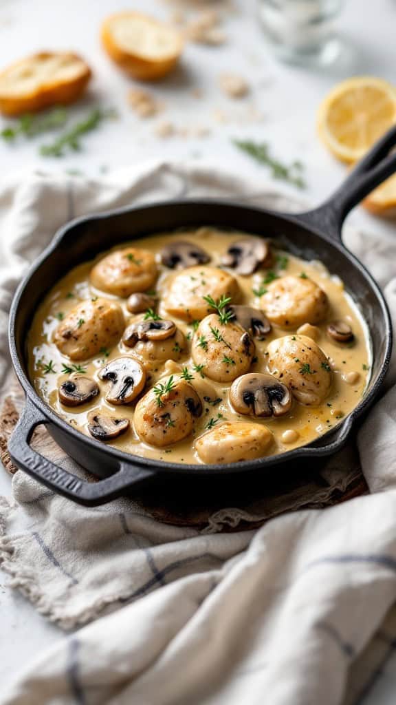 A skillet filled with creamy garlic mushroom chicken, garnished with fresh herbs and served with lemon slices.