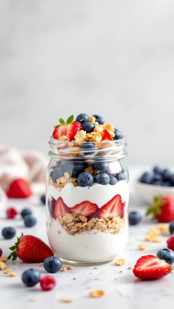 A jar filled with layers of Greek yogurt, granola, and fresh berries, showcasing a tasty parfait.