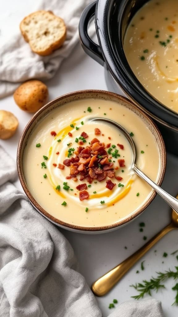 A bowl of creamy potato soup topped with bacon bits and herbs, with a crocker pot in the background.
