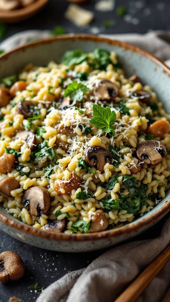 A bowl of creamy spinach and mushroom risotto topped with parsley and cheese.