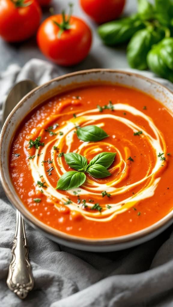 Bowl of creamy tomato basil soup garnished with basil leaves and a swirl of cream.
