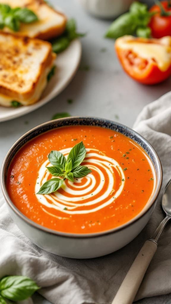 A bowl of creamy tomato basil soup garnished with basil leaves, next to a plate of grilled cheese sandwich.