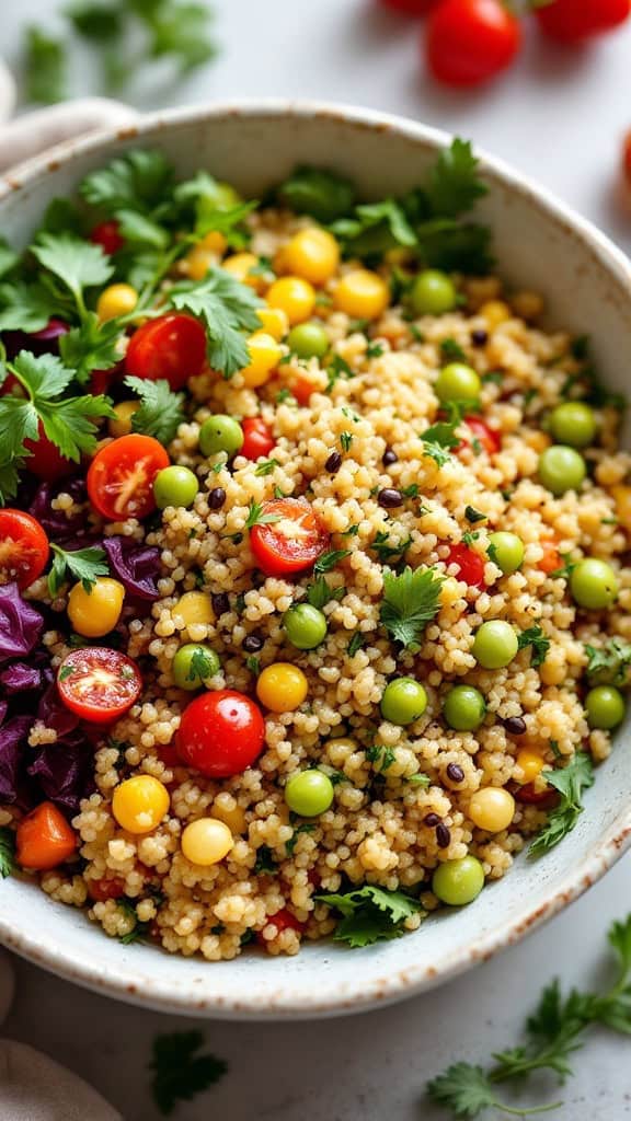 A bowl of colorful whole grains mixed with cherry tomatoes, green peas, and herbs.