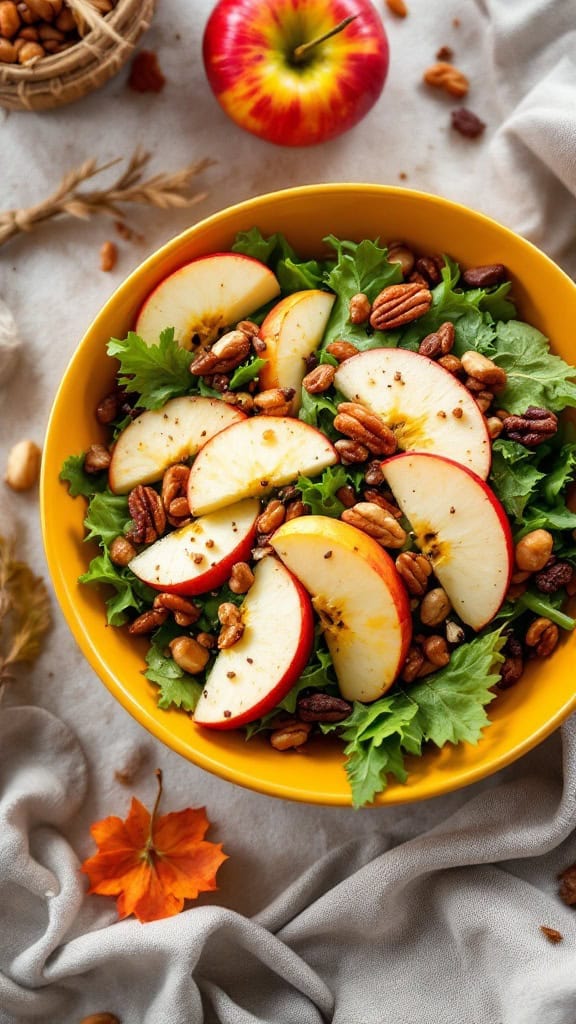 A vibrant autumn salad with greens, apple slices, and nuts in a yellow bowl.