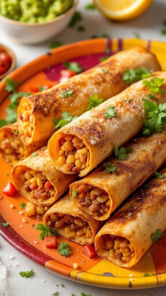 A colorful plate of crispy baked taquitos topped with cilantro and served with guacamole.