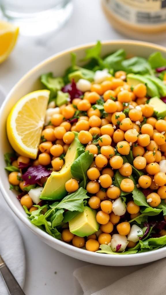 A vibrant crispy chickpea salad with avocado, fresh greens, and lemon.