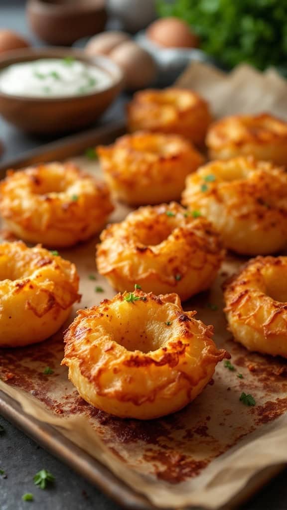 A tray of crispy potato knishes on parchment paper, garnished with herbs.