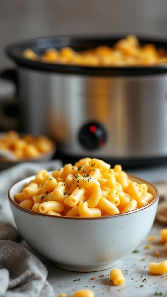 A bowl of creamy macaroni and cheese next to a crockpot filled with mac and cheese.