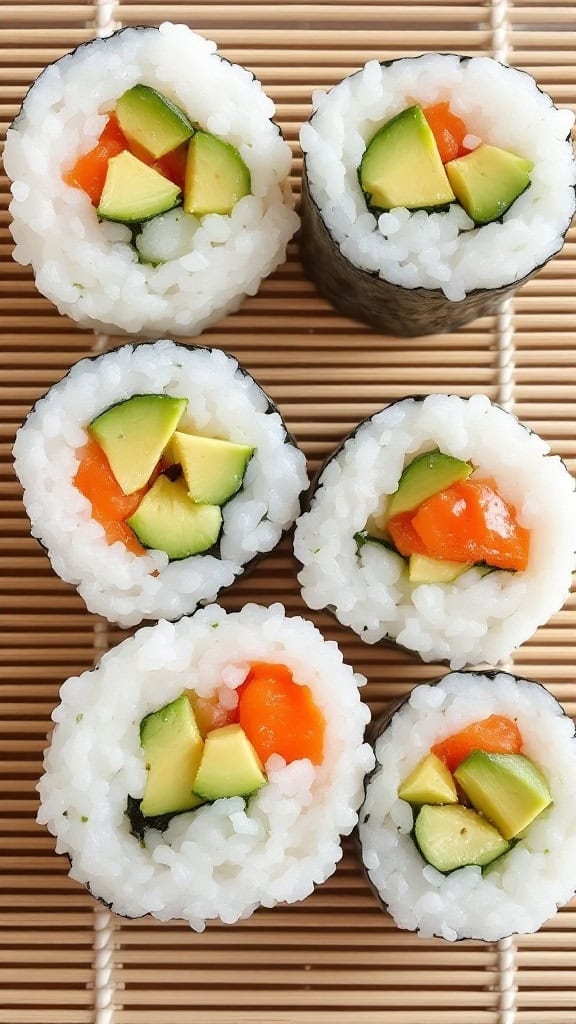 Cucumber and avocado sushi rolls arranged on a bamboo mat