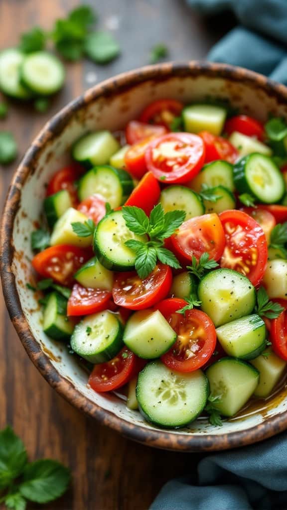 A bowl of fresh cucumber and tomato salad with green herbs.