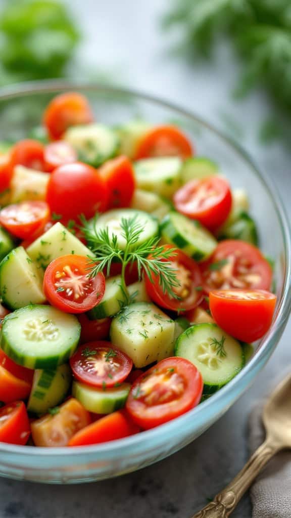 A vibrant cucumber and tomato salad with fresh dill in a glass bowl.