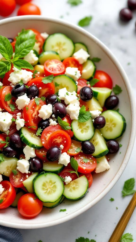 A vibrant cucumber and tomato salad with feta cheese, olives, and fresh herbs in a bowl.