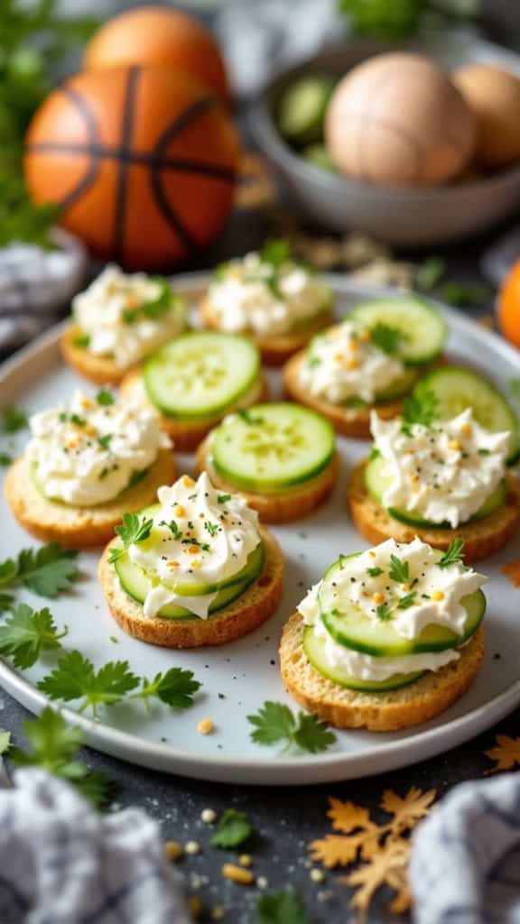 A plate of cucumber sandwiches with cream cheese, garnished with herbs, surrounded by basketballs.